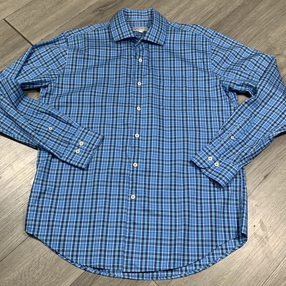 Peter Millar Blue Plaid Long Sleeve Cotton & Silk Blend Button Up Shirt size L - Picture 8 of 11